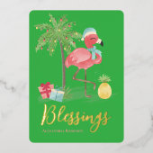 熱帯夏ピンクのクリスマスフラミンゴヤシ 箔シーズンカード (正面)