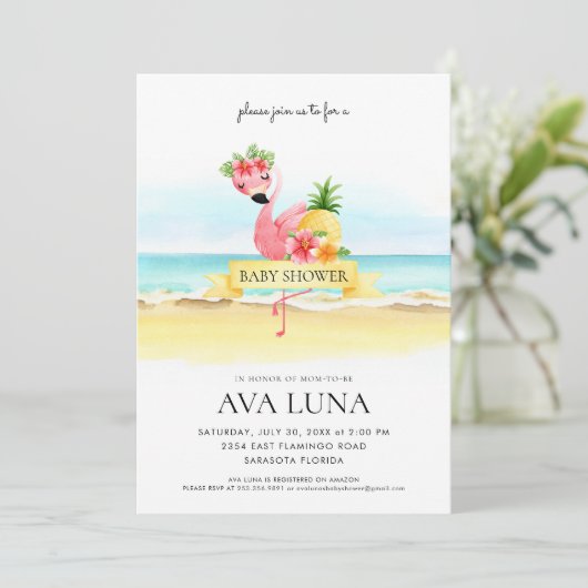 熱帯夏ピンクのフラミンゴ赤ちゃんシャワー 招待状 (スタンド正面)