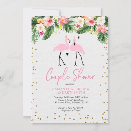 熱帯夏フラミンゴカップルのシャワー招待状 招待状 (正面)