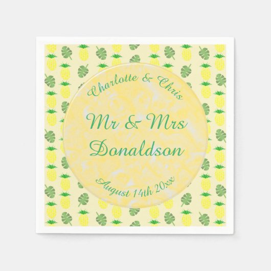 熱帯夏結婚のパイナップルとパーム葉の スタンダードカクテルナプキン (正面)