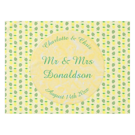 熱帯夏結婚のパイナップルとパーム葉の テーブルクロス (正面(横))