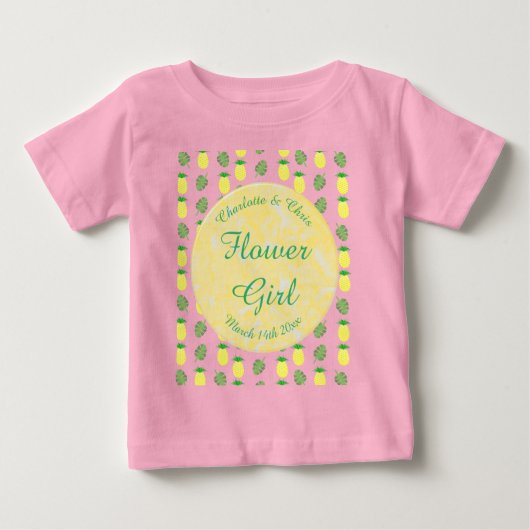 熱帯夏結婚のパイナップルとパーム葉の ベビーTシャツ (正面)