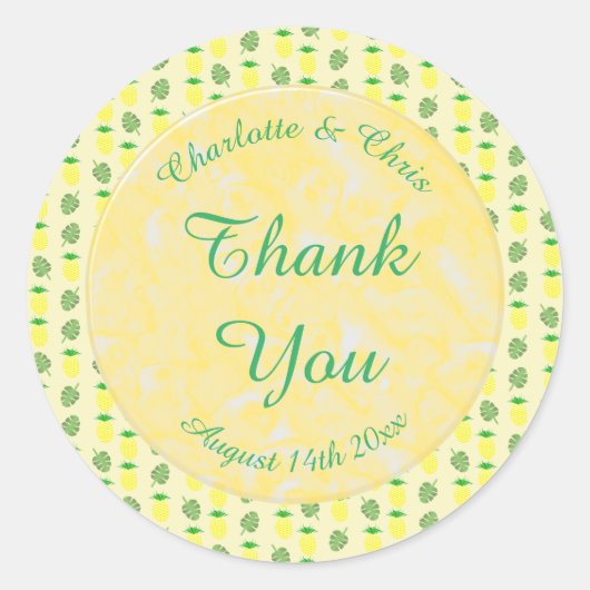 熱帯夏結婚のパイナップルとパーム葉の ラウンドシール (正面)