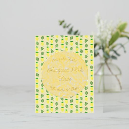 熱帯夏結婚のパイナップルとパーム葉の 箔シーズンポストカード (立ち正面)