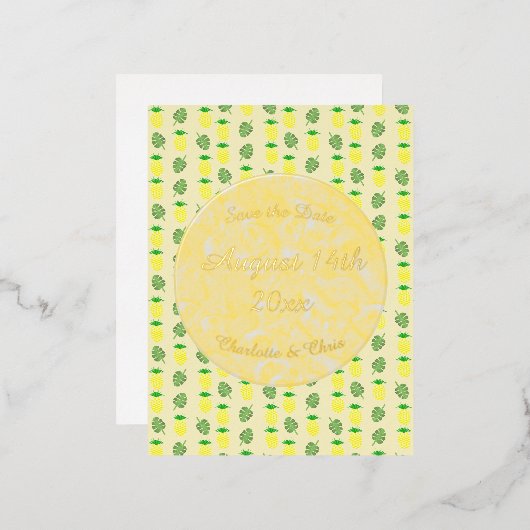 熱帯夏結婚のパイナップルとパーム葉の 箔シーズンポストカード (正面/裏面)