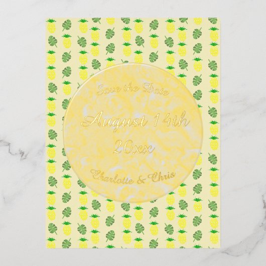 熱帯夏結婚のパイナップルとパーム葉の 箔シーズンポストカード (正面)