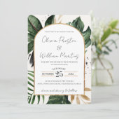 熱帯夏葉のアーチQRコードRSVP 結婚's 招待状 (スタンド正面)