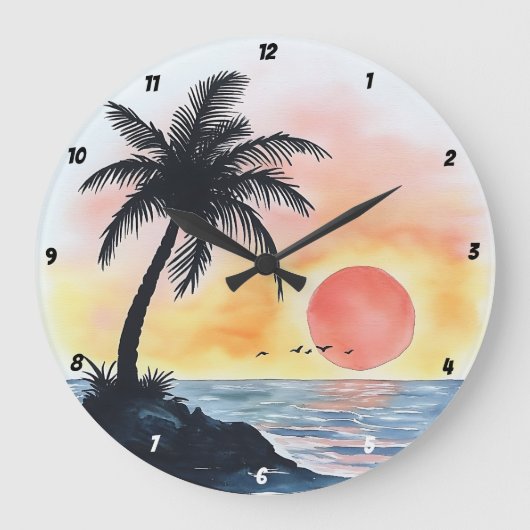 熱帯夕日の海シーンとヤシの木 ラージ壁時計 (正面)