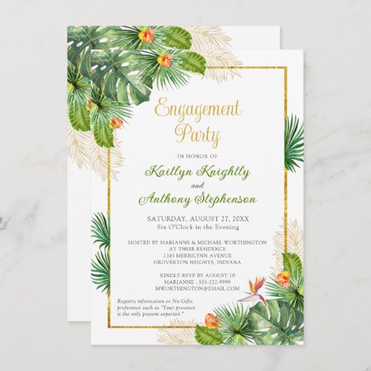 熱帯婚約パーティフローラ金ゴールド予算 招待状 (正面/裏面)