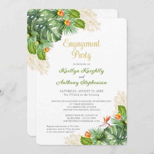 熱帯婚約パーティフローラ金ゴールド水彩 招待状 (正面/裏面)