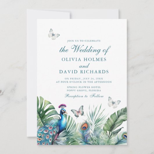 熱帯孔雀の羽の蝶結婚の 招待状 (正面)