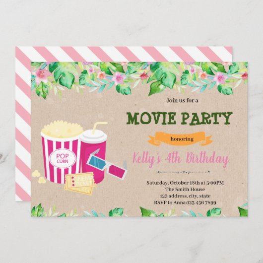 熱帯屋外映画パーティの招待状 招待状 (正面/裏面)