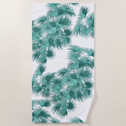 熱帯島のティール（緑がかった色）の緑のヤシの木のビーチタオル ビーチタオル (正面)
