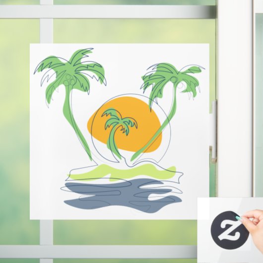 熱帯島のビーチ風景。ヤシのアウトライン ウィンドウサイン (ホーム)