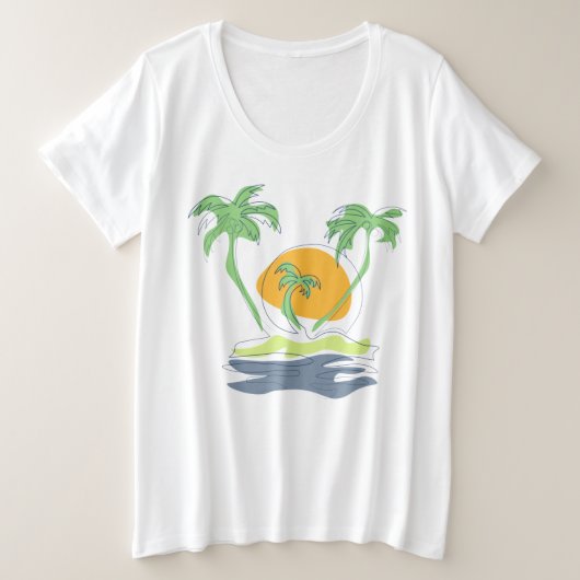 熱帯島のビーチ風景。ヤシのアウトライン プラスサイズTシャツ (デザイン正面)
