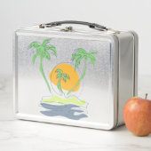 熱帯島のビーチ風景。ヤシのアウトライン メタルランチボックス (インサイチュ)