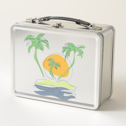 熱帯島のビーチ風景。ヤシのアウトライン メタルランチボックス (正面)