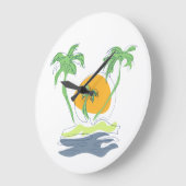 熱帯島のビーチ風景。ヤシのアウトライン ラージ壁時計 (傾斜)