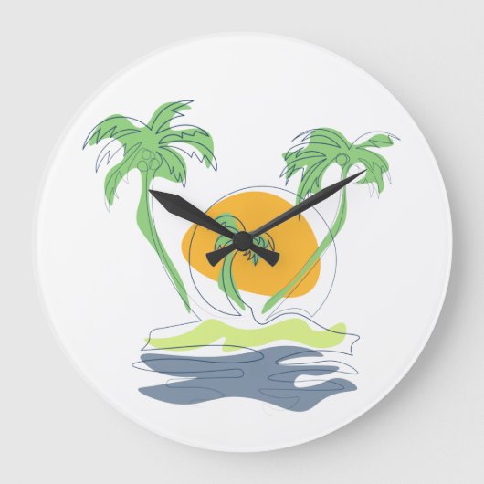 熱帯島のビーチ風景。ヤシのアウトライン ラージ壁時計 (正面)