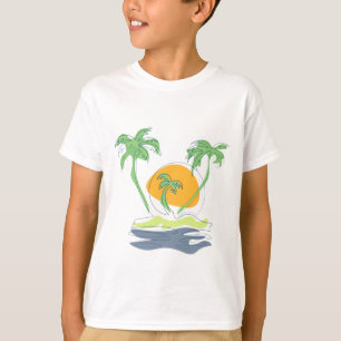 熱帯島のビーチ風景。ヤシのアウトライン Tシャツ