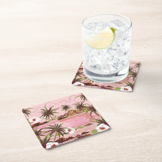 熱帯島のヤシの植物とピンクの海 スクエアペーパーコースター (インサイチュ)