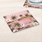 熱帯島のヤシの植物とピンクの海 スクエアペーパーコースター (アングル)