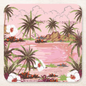 熱帯島のヤシの植物とピンクの海 スクエアペーパーコースター (正面)