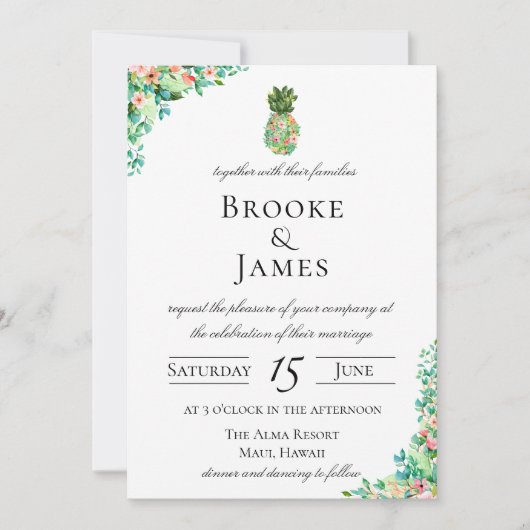 熱帯島の植物のパイナップル結婚式 招待状 (正面)