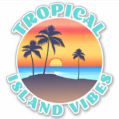 熱帯島の風物詩、ヤシの木で夕日 シール (正面)