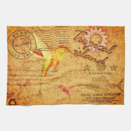 熱帯島ハミングバードヴィンテージハガキyello キッチンタオル