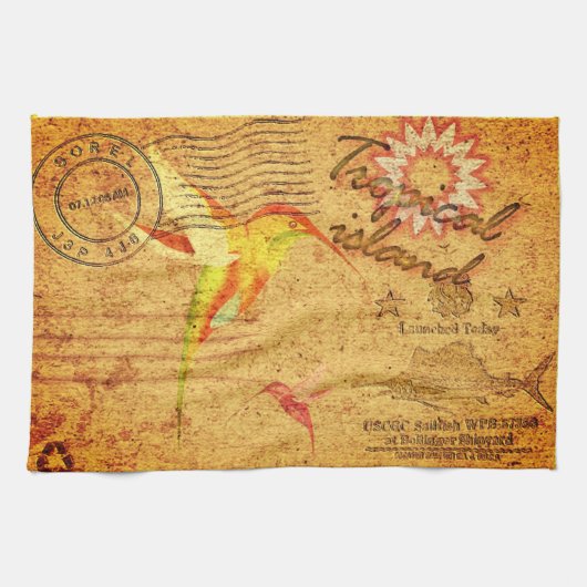 熱帯島ハミングバードヴィンテージハガキyello キッチンタオル (横)