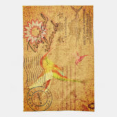 熱帯島ハミングバードヴィンテージハガキyello キッチンタオル (縦)