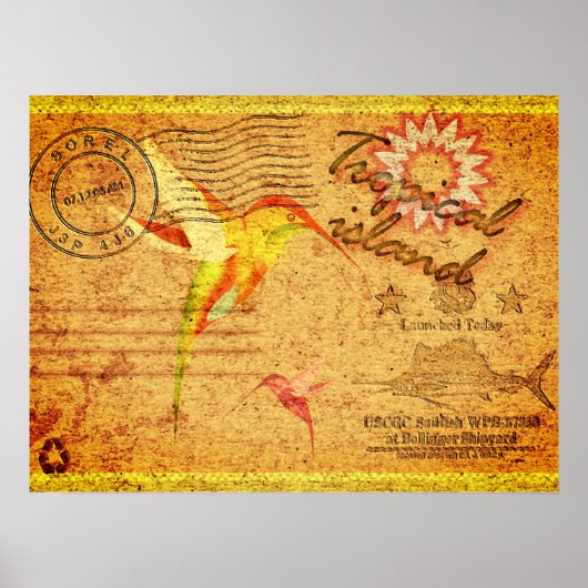 熱帯島ハミングバードヴィンテージ葉書 ポスター (正面)