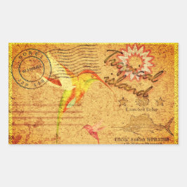 熱帯島ハミングバードヴィンテージ葉書 長方形シール