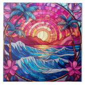 熱帯島ピンクサンセットステンドグラス タイル (正面)