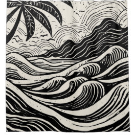 熱帯島リトグラフプリント シャワーカーテン