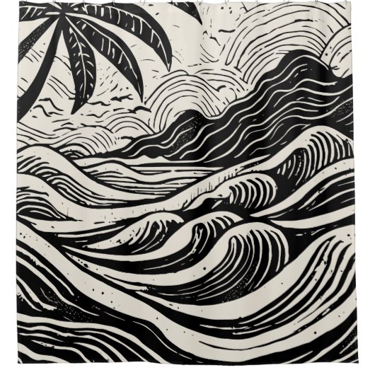 熱帯島リトグラフプリント シャワーカーテン (正面)