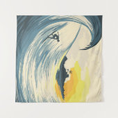 熱帯島波と夕暮れ時のサーファー タペストリー (正面(横))