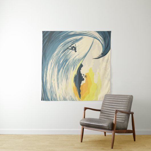 熱帯島波と夕暮れ時のサーファー タペストリー (インサイチュ(横))