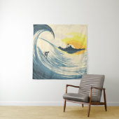 熱帯島波と夕暮れ時のサーファー タペストリー (インサイチュ)