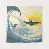 熱帯島波と夕暮れ時のサーファー タペストリー (正面)