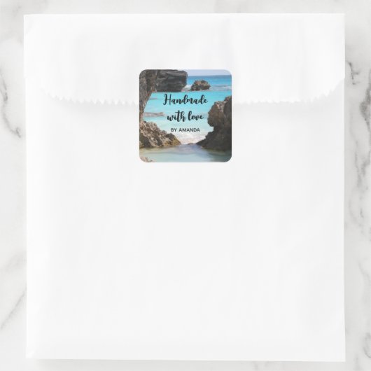 熱帯島海岸の愛の写真で作られる スクエアシール (バッグ)