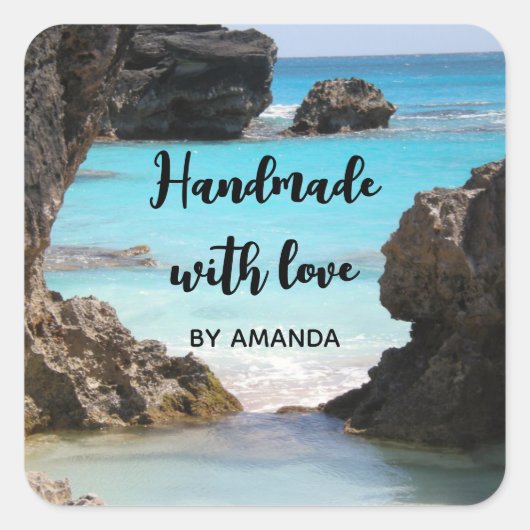 熱帯島海岸の愛の写真で作られる スクエアシール (正面)