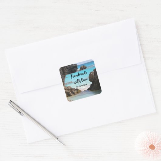 熱帯島海岸の愛の写真で作られる スクエアシール (封筒)