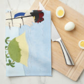 熱帯島近くの海で船が戦う キッチンタオル (四つ折り)