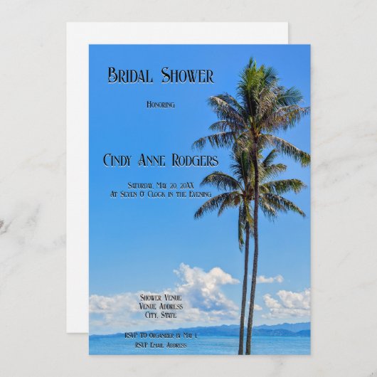 熱帯島,ヤシの木,ブルーシー,ブライダル, 招待状 (正面/裏面)