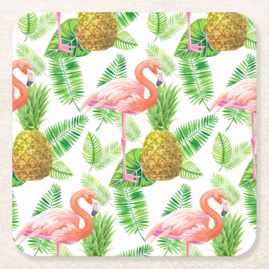 熱帯庭園の水彩模様 スクエアペーパーコースター (正面)