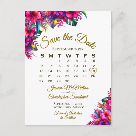 熱帯庭園の結婚式日付カレンダーの保存 案内ポストカード (正面)