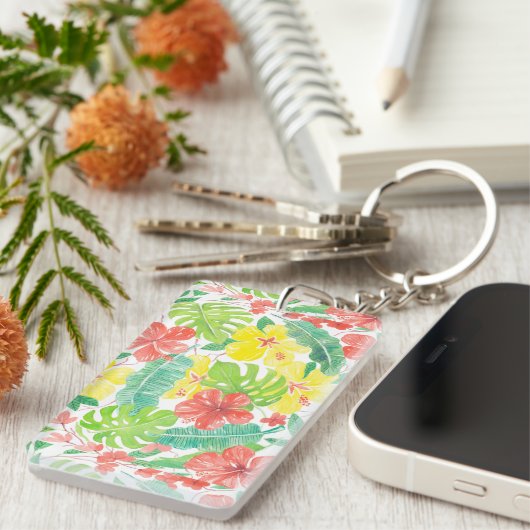 熱帯庭園、ハイビスカスプルメリア、パーム葉 キーホルダー (正面右)