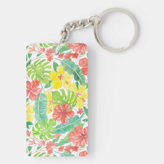 熱帯庭園、ハイビスカスプルメリア、パーム葉 キーホルダー (裏面)